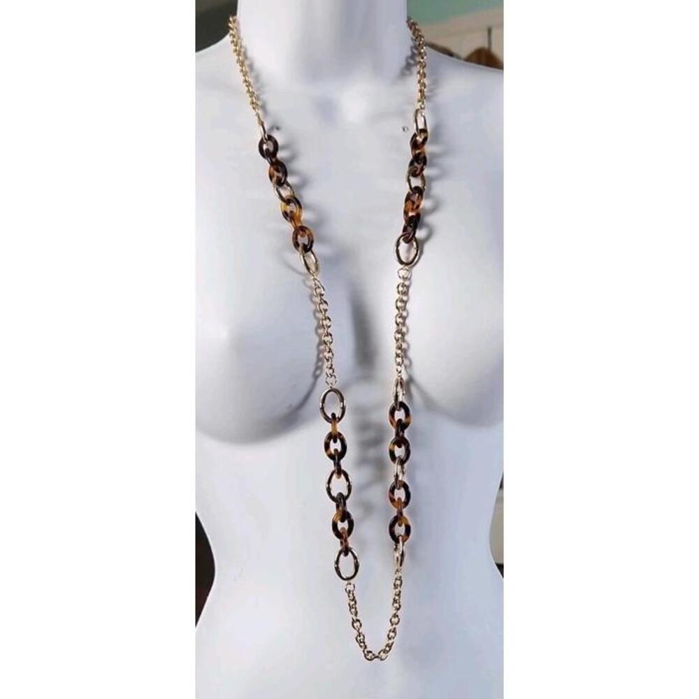 Vintage Ralph Lauren Gold Brown Tortoise shell Chain Link Necklace Signed 36"